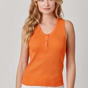 MYSTREE Orange Ribbed Henley Tank Top, Button Front Knit Sleeveless Shirt